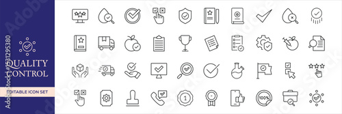 Quality control set of web icons in line style. Quality Check computing icons for web and mobile app. Containing inspection, evaluation, production, quality assurance, certificate, testing and more