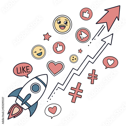 Trending Social Media Reaction Symbols A Vector Collage of Popular Emojis, Likes, and Growth