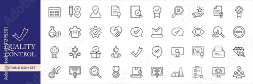 Quality control set of web icons in line style. Quality Check computing icons for web and mobile app. Containing inspection, evaluation, production, quality assurance, certificate, testing and more