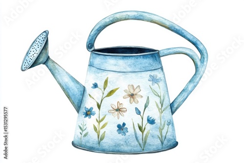 Delicate floral watering can adorned with blooming botanical patterns in a soft blue hue, perfect for brightening up any garden scene