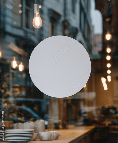  blank white round sticker on a window