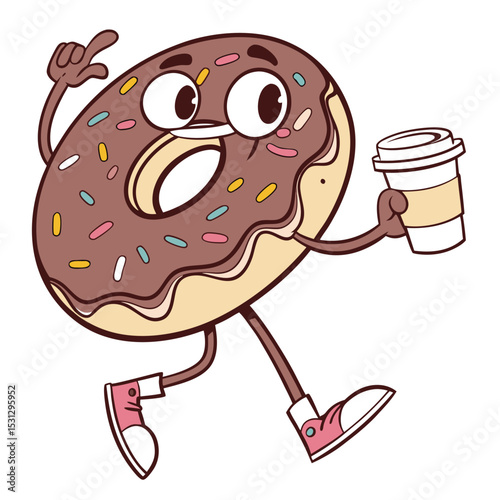 Cheerful Cartoon Donut Character Holding Coffee Vector Illustration