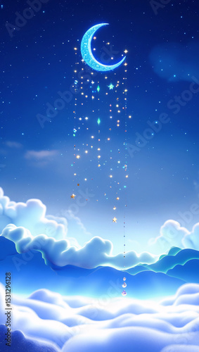 A crescent moon hangs in the night sky, adorned with dangling stars and gems, above fluffy clouds and rolling blue hills.