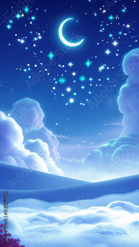 A dreamy night sky with a crescent moon, sparkling stars, fluffy clouds, and a cloud like landscape below.