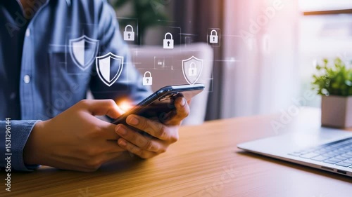 Businessman hands using a smartphone, surrounded by security shields and padlock icons, representing secure online banking and mobile data protection.
