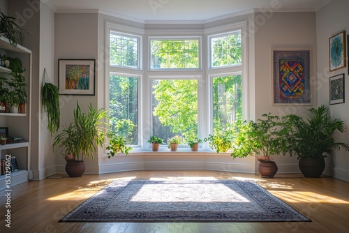 Sunlight filters softly through a bright, spacious window illuminating a serene indoor garden at midday