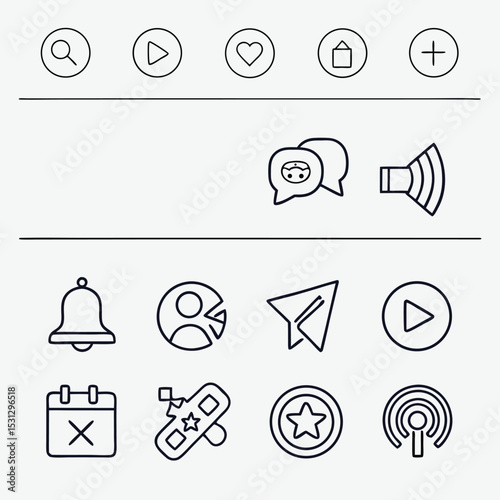 Elegant Vector Collection of Linear Monochrome Icons Social Media, Communication, and Multimedia Symbols