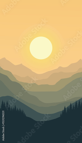 flat vector mountain scenery and simple vertical pine silhouette
