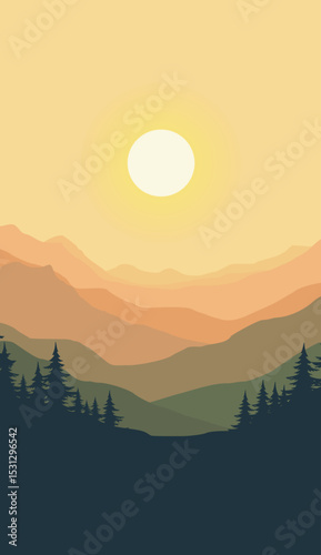 flat vector mountain scenery and simple vertical pine silhouette