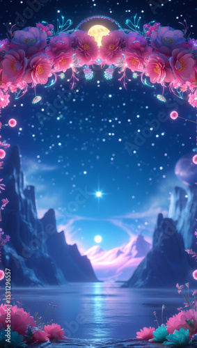 A magical night sky scene with a flower arch, glowing stars, a moon, mountains, and a shimmering river.