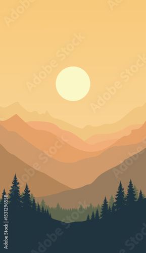 flat vector mountain scenery and simple vertical pine silhouette