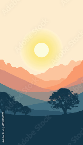 flat vector mountain scenery and simple vertical trees silhouettes