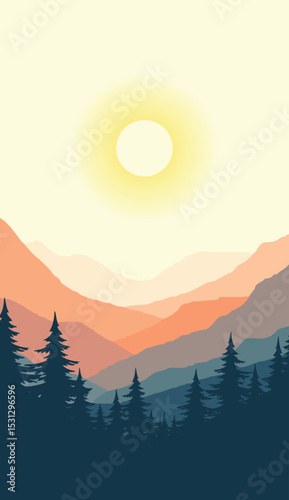 flat vector mountain scenery and simple vertical pine silhouette