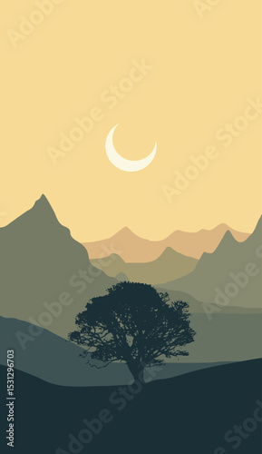 flat vector mountain scenery and simple vertical trees silhouettes