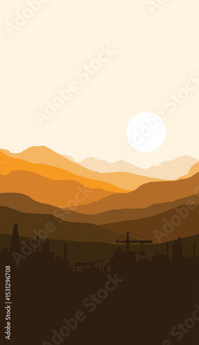 flat vector mountain scenery and simple vertical factory silhouette
