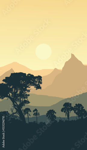 flat vector mountain scenery and simple vertical trees silhouettes
