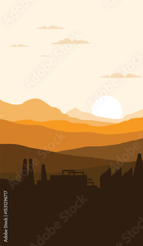 flat vector mountain scenery and simple vertical factory silhouette