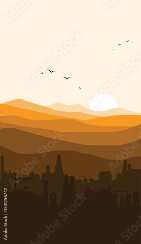 flat vector mountain scenery and simple vertical factory silhouette