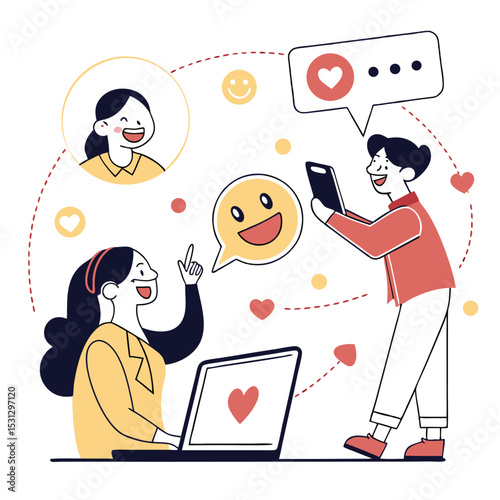 Flat Vector Illustration Online Social Interaction, Connection, and Communication through Digital Platforms