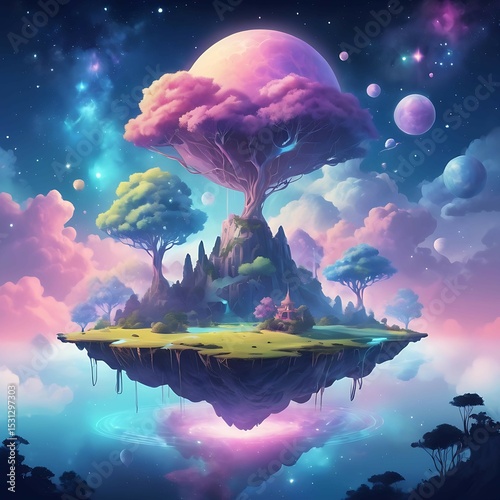 Surreal fantasy dreamscape featuring floating islands, glowing trees, and a soft pastel galaxy sky — imaginative landscape background for wallpapers, stories, and magical digital art concepts


