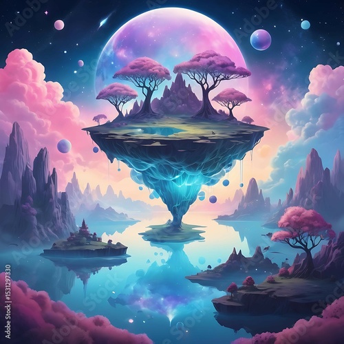 Surreal fantasy dreamscape featuring floating islands, glowing trees, and a soft pastel galaxy sky — imaginative landscape background for wallpapers, stories, and magical digital art concepts


