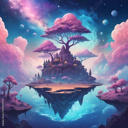 Surreal fantasy dreamscape featuring floating islands, glowing trees, and a soft pastel galaxy sky — imaginative landscape background for wallpapers, stories, and magical digital art concepts


