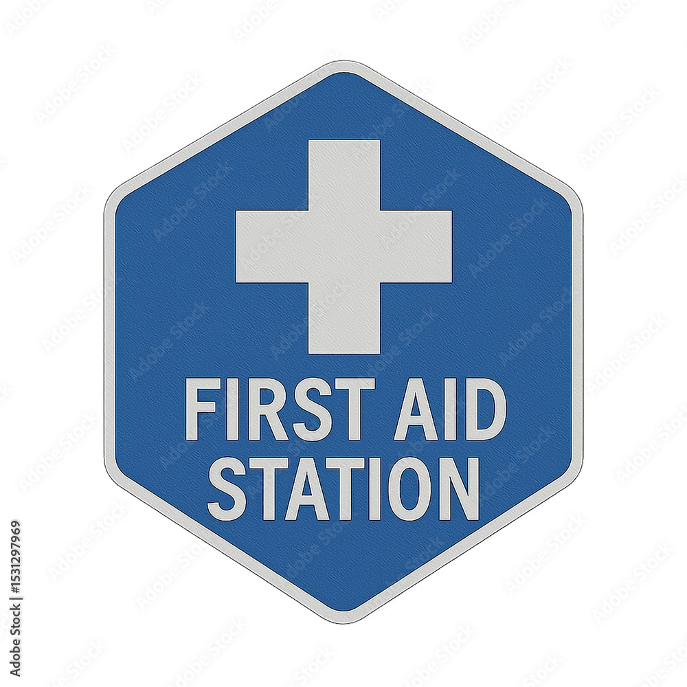 Fototapeta premium First aid station blue hexagon sign with white cross icon isolated on transparent background