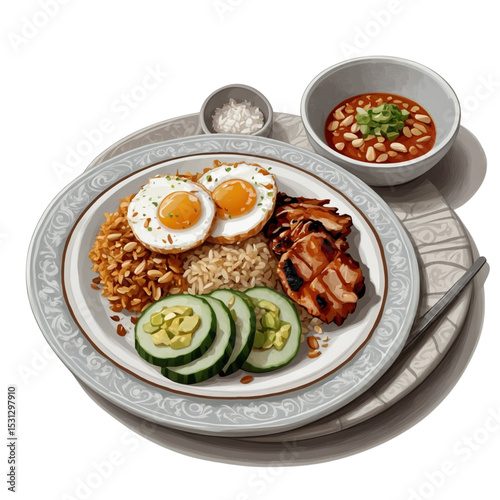 Vector illustration of a Southeast Asian breakfast with coconut rice, two fried eggs, sliced cucumber, spicy sambal sauce and crispy onions on a white plate with fork. Clean design, top view.
