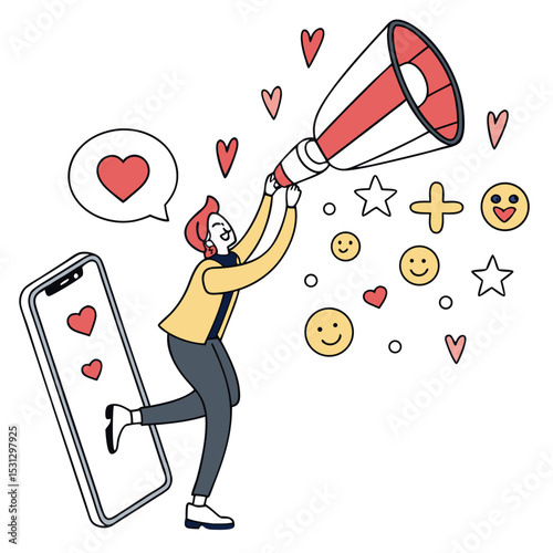 Boost Your Social Media Engagement A Modern Vector Illustration of Smartphone App Launch and Positive Feedback