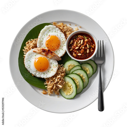 Vector illustration of a Southeast Asian breakfast with coconut rice, two fried eggs, sliced cucumber, spicy sambal sauce and crispy onions on a white plate with fork. Clean design, top view.