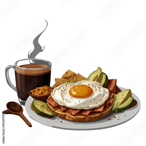 Vector illustration of a vibrant breakfast plate with chilaquiles topped with sunny side up egg, avocado slices, tomato, spicy sauce and cup of hot chocolate. Clean layout on white background.