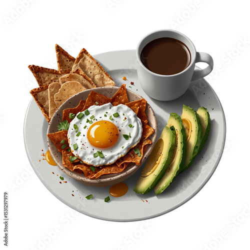 Vector illustration of a vibrant breakfast plate with chilaquiles topped with sunny side up egg, avocado slices, tomato, spicy sauce and cup of hot chocolate. Clean layout on white background.