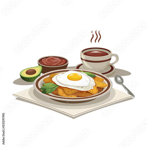 Vector illustration of a vibrant breakfast plate with chilaquiles topped with sunny side up egg, avocado slices, tomato, spicy sauce and cup of hot chocolate. Clean layout on white background.