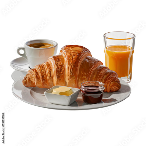Vector illustration of a delicious breakfast with croissant, jam, espresso coffee in white cup and glass of orange juice. Centered composition on white background. Clean and elegant food design.