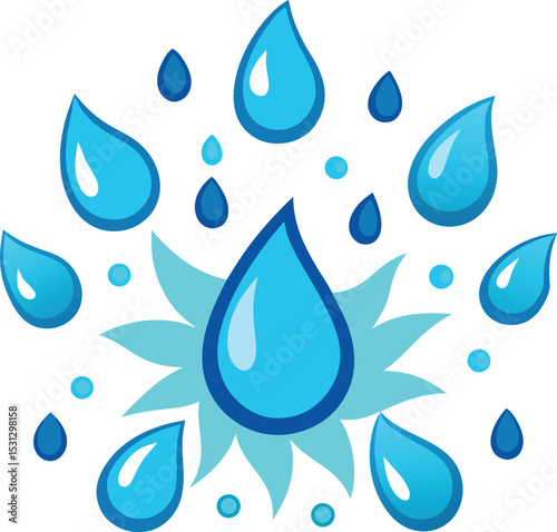 Cartoon water drops illustration depicting clean fresh water and rain falling on white