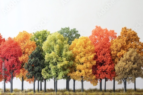 Vibrant autumn foliage showcasing a stunning spectrum of colors in a tranquil forest landscape under soft morning light