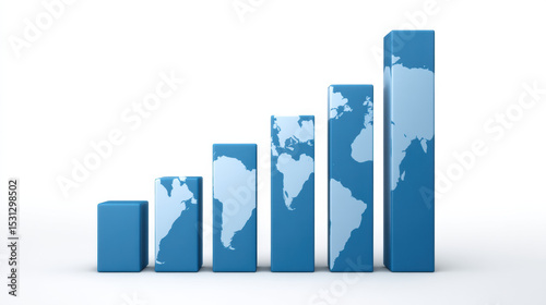 Image shows bar chart with increasing height, featuring world map