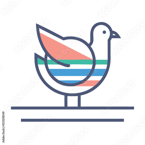 Colorful line art pigeon standing on a surface in minimal style  