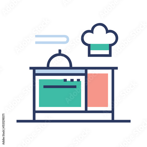Icon of a modern kitchen with chef hat and cooking utensils  