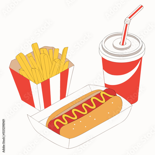 Isometric Vector Illustration of a Classic Fast Food Combo Hot Dog, Fries, and Soda
