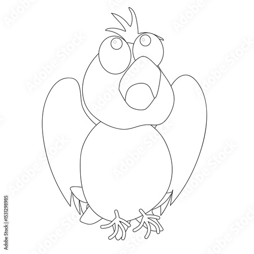 Funny bird sitting with a pensive expression, folded wings, closed mouth and big eyes staring up. Black and white. Cartoon vector illustration coloring book, print, activity book.