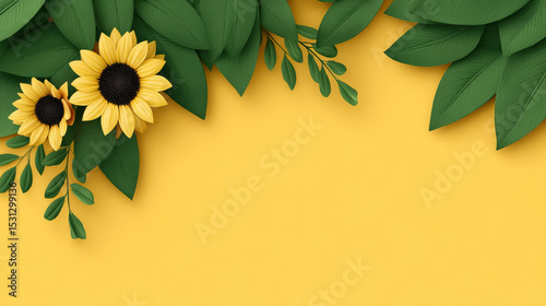 Bright yellow sunflower flowers with green leaves yellow