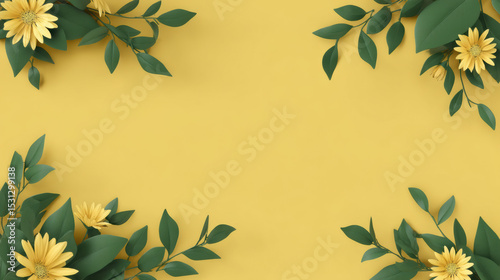 Bright yellow background with green leaves and yellow flowers