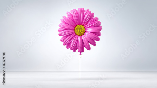 Pink flower shaped balloon with yellow center floats against light