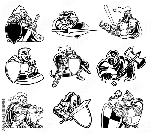 Medieval Knight Emblems: Collection of nine black and white emblems of knights, showcasing various poses with sword and shield, evoking medieval times.