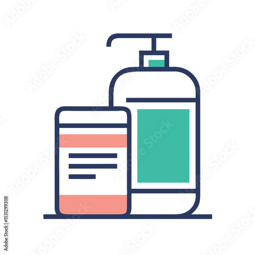 Shampoo bottles with pump and lid in minimalist flat design  