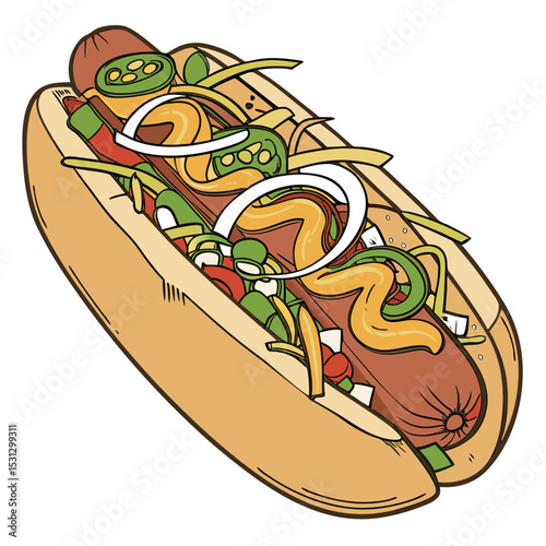 Delicious Gourmet Hot Dog Vector Illustration A Vibrant, Detailed Artwork of a Toasted Bun Filled with Savory Sausage, Mustard, Onions, Jalapeños, and Other Toppings