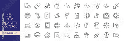 Quality control set of web icons in line style. Quality Check computing icons for web and mobile app. Containing inspection, evaluation, production, quality assurance, certificate, testing and more