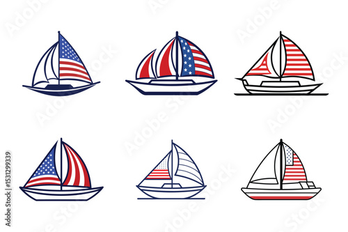 Set of american flag color boat, sailboat vector illustration on white background.