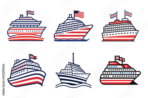 Set of american flag color cruise ship, ship vector illustration on white background.
